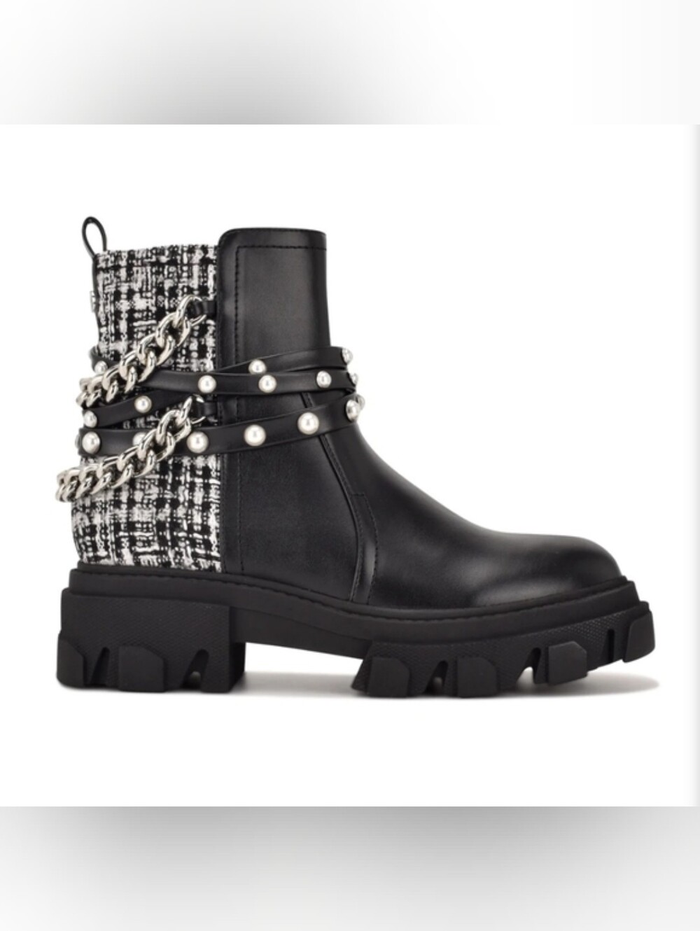 NWT! Nine West Black Pearl-Accent Chunky Lug Ankle Boots with Tweed Heel Size 8M